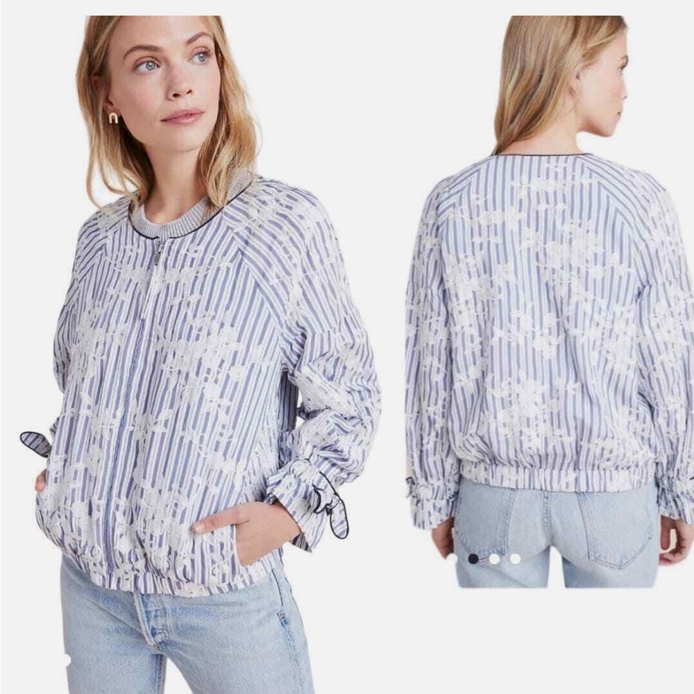 TRF Zara Trafaluc Anthro Embroidered Striped Bomber Jacket Size M. Worn
